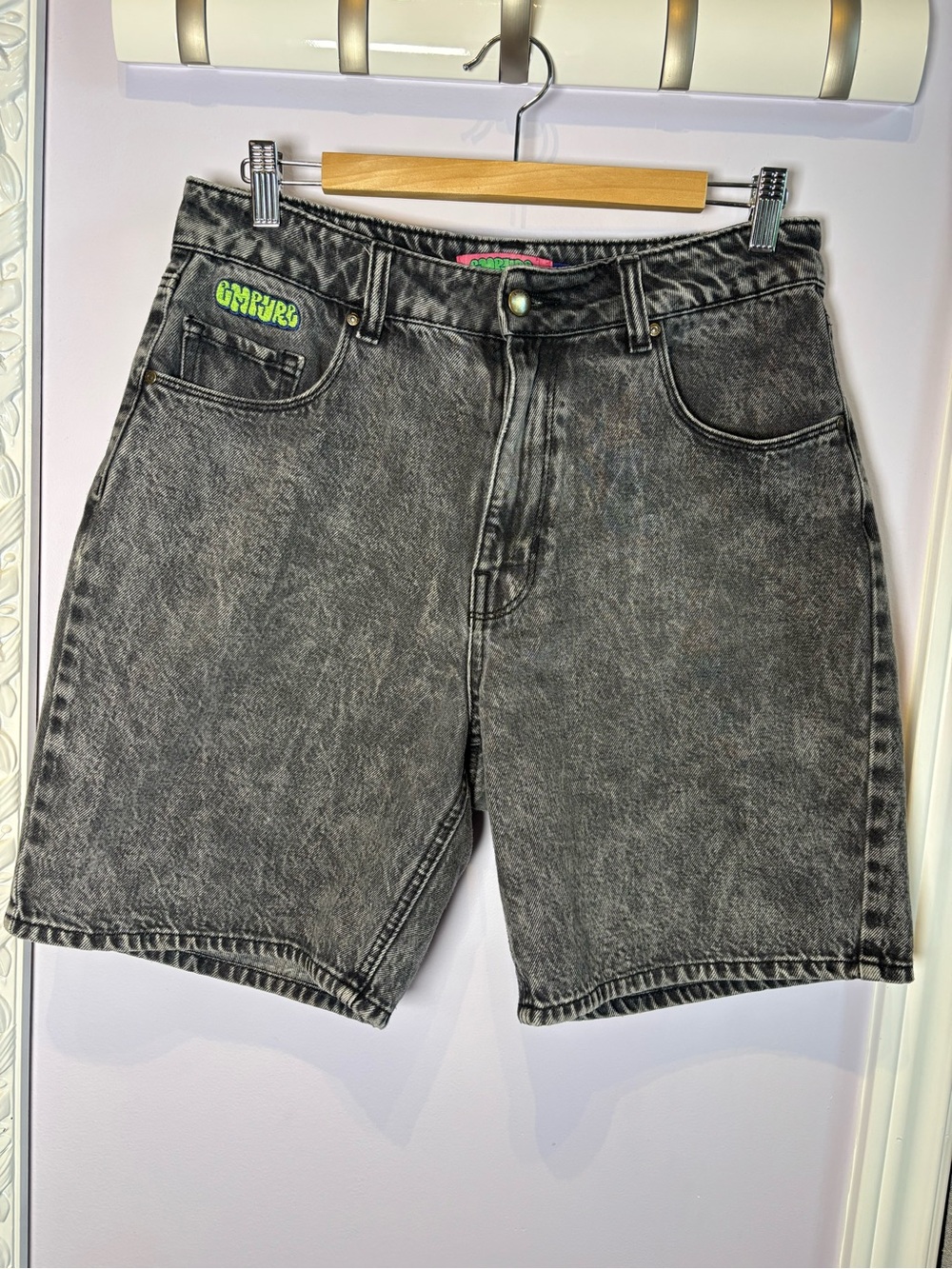 Empyre Womens Washed Black Denim Shorts with Neon Green Logo